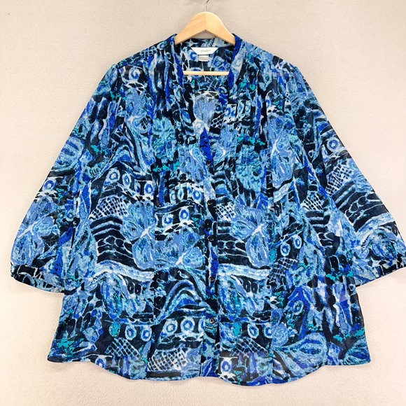 CJ Banks Tops - CJ Banks Blouse Womens 2X Blue‎ Semi Sheer Pullover Career Floral